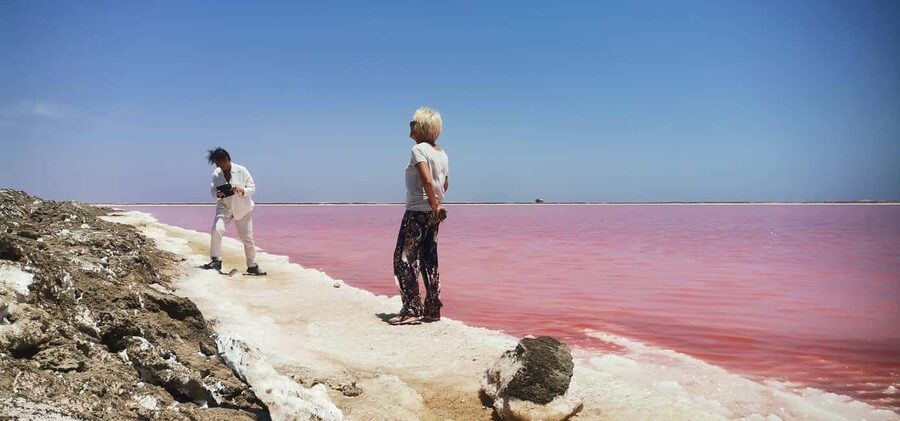 swakopmund city tour dune 7 pink lake pink flamingos - Salt works, pink lakes, and flamingos near Walvis Bay
